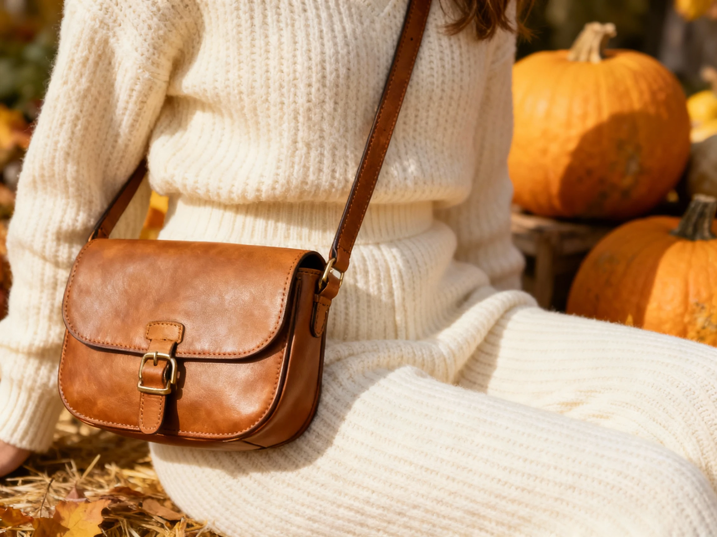 closeup female in cream knit set, leather crossbody, pumpkins
