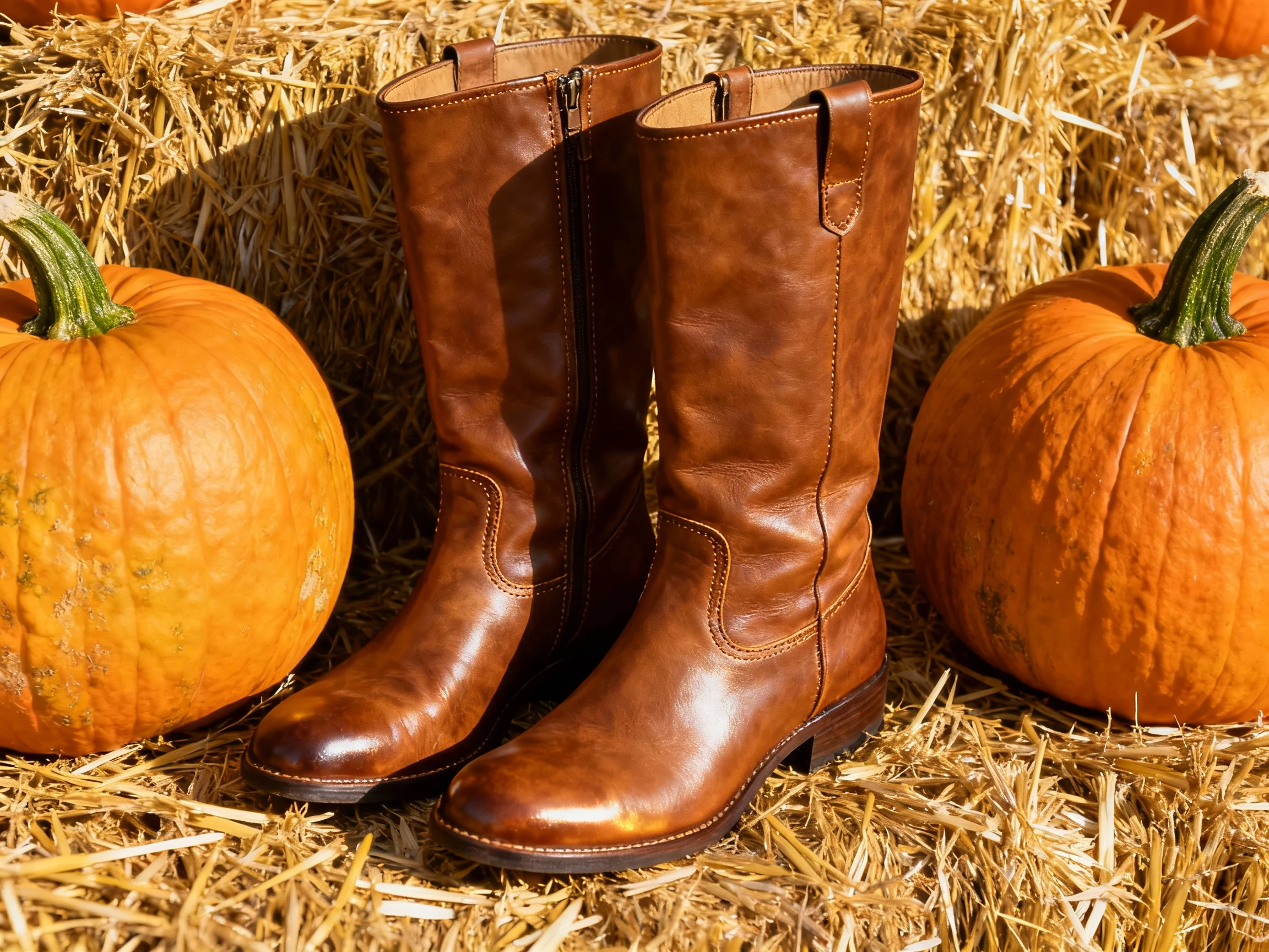 closeup brown leather wide-calf knee-high boots on hay by pumpkins