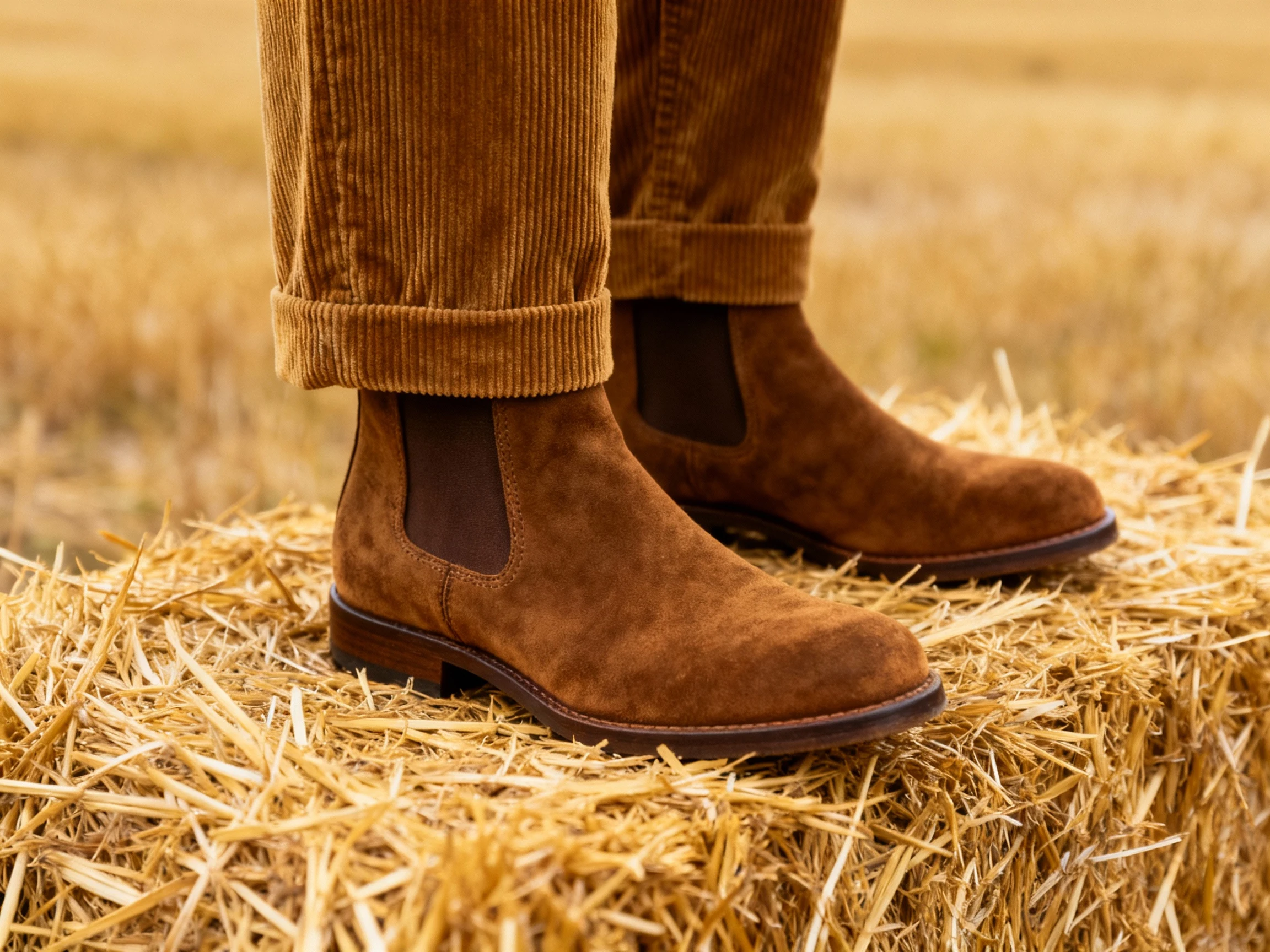 closeup male corduroy trousers, suede Chelsea boots on hay