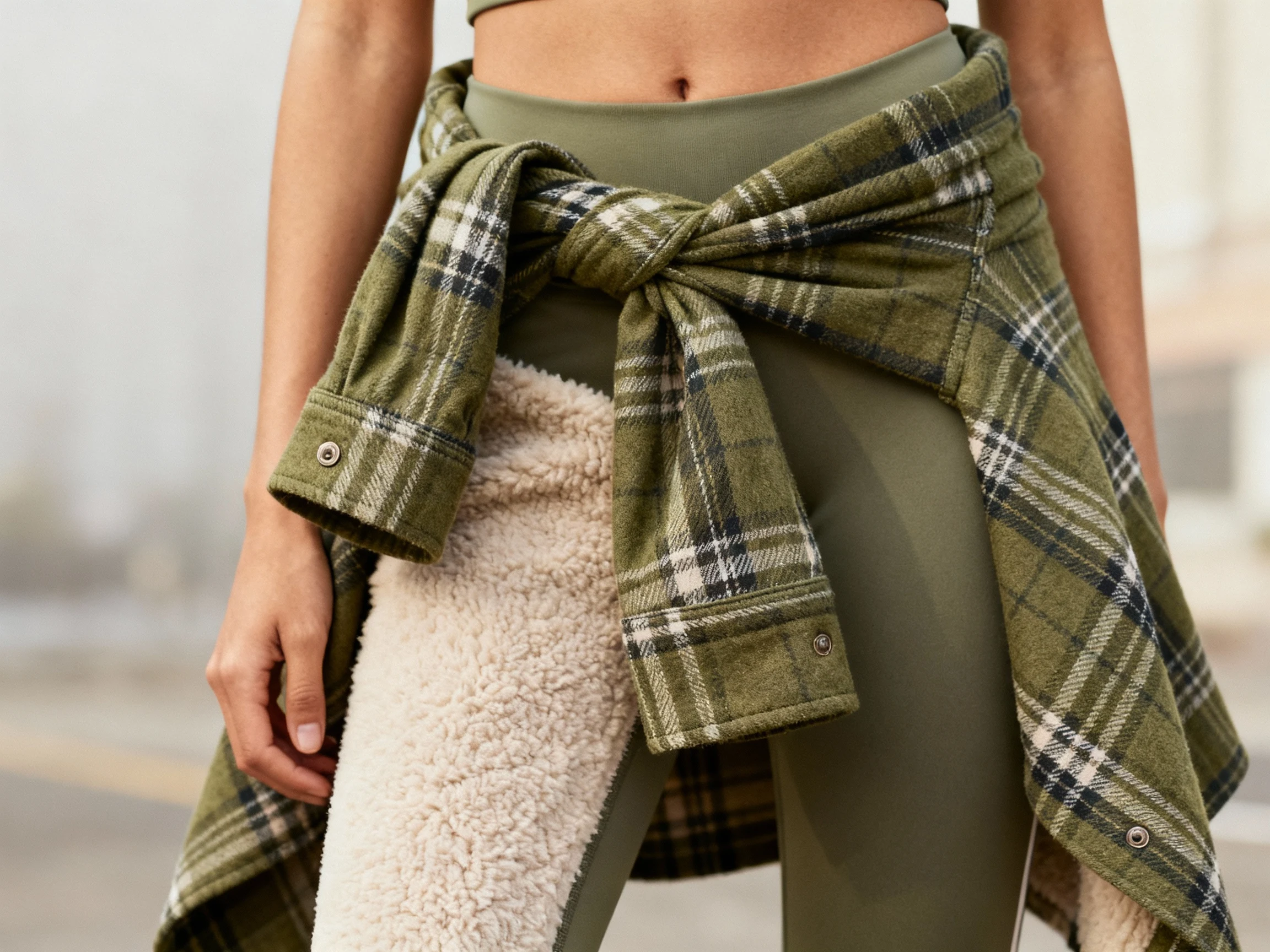 closeup olive plaid shacket tied around waist over fleece-lined leggings
