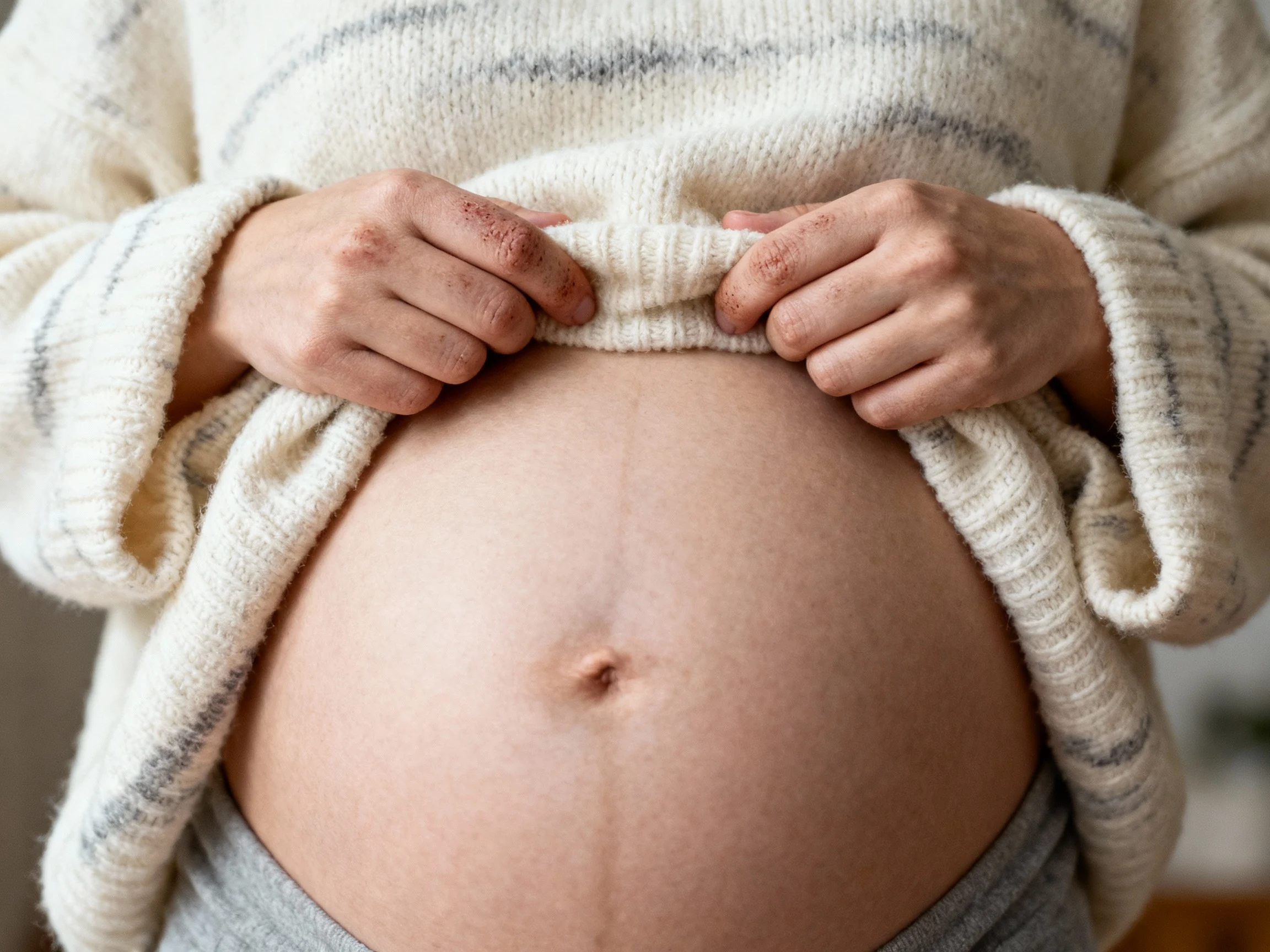 closeup of female hands half-tucking oversized sweater above bump