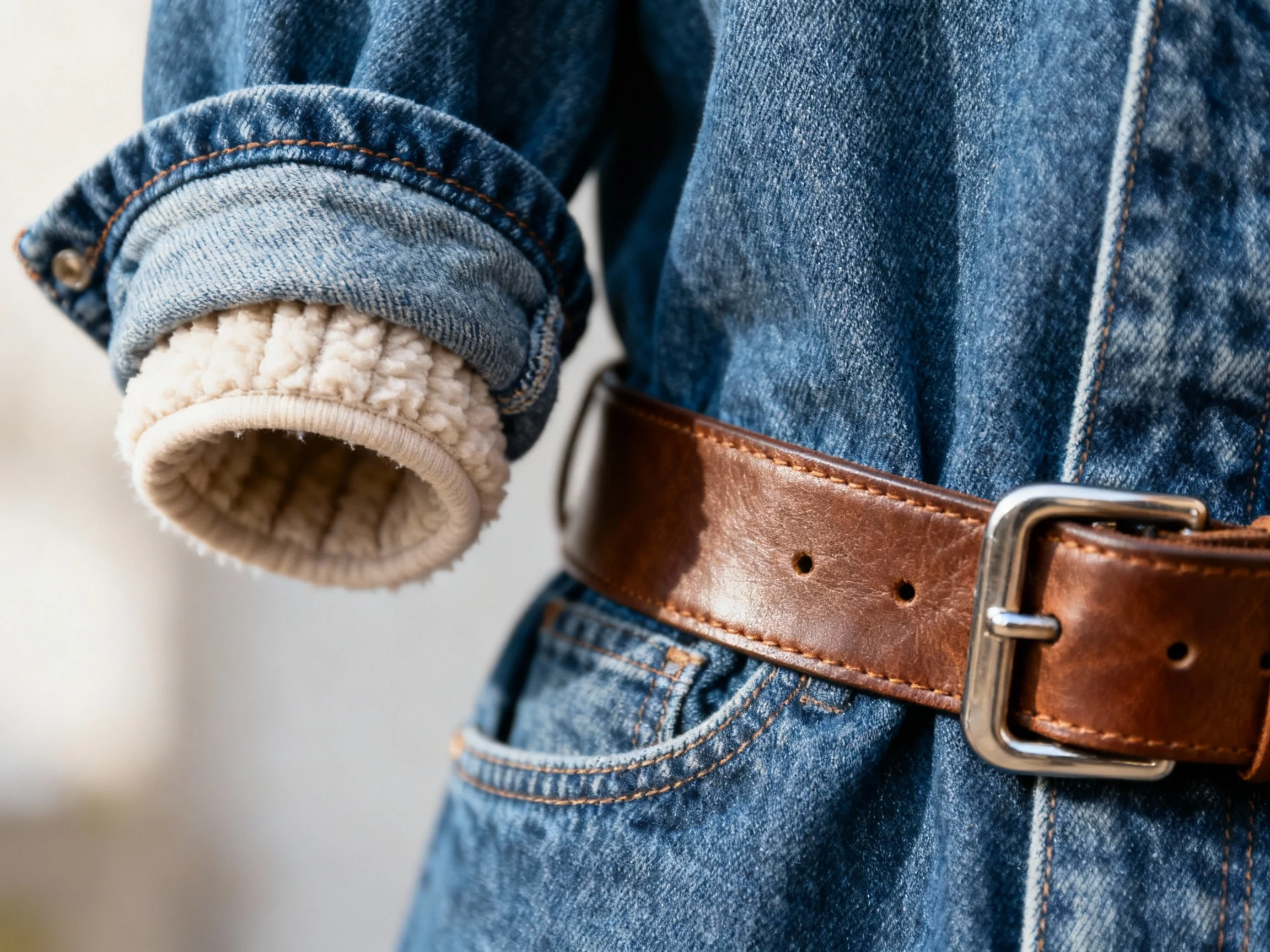 closeup double denim cuffs revealing thermal layer, leather belt