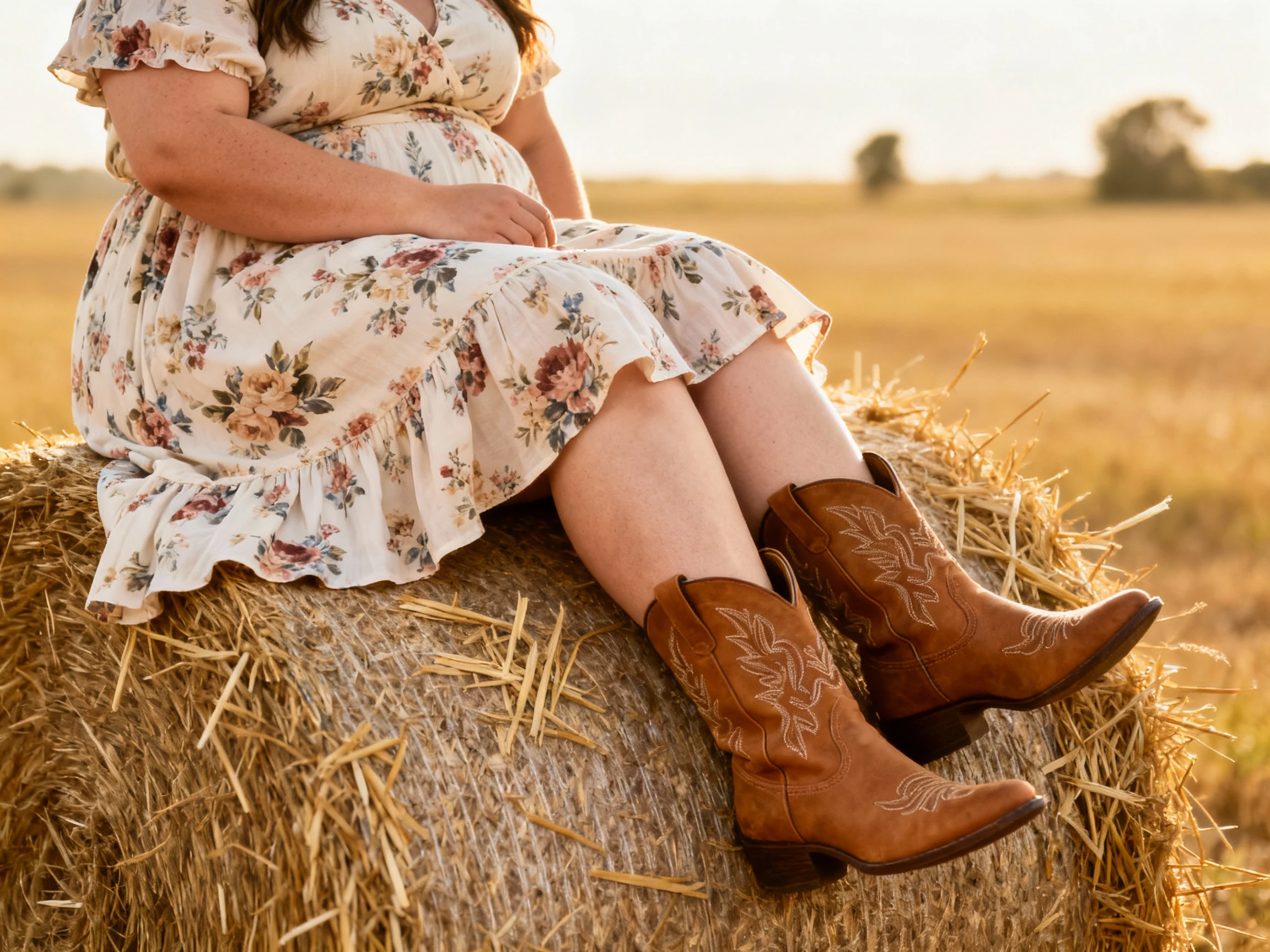plus-size female on hay bale, midi dress, wide-calf cowboy boots