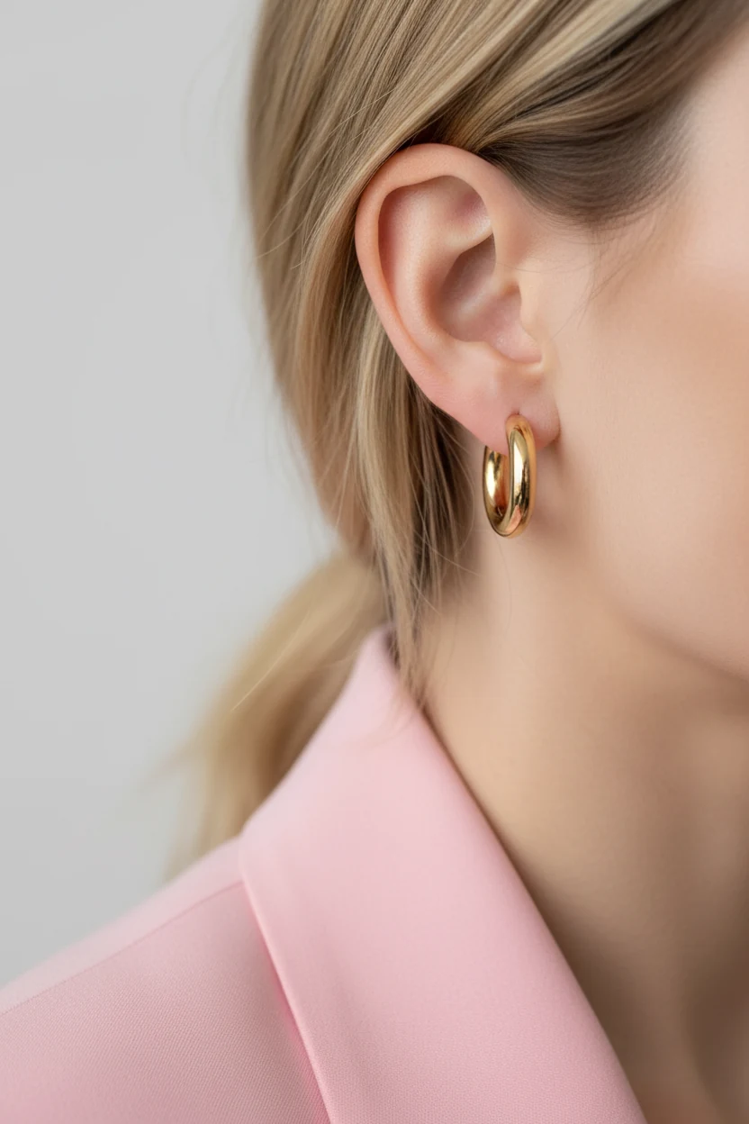 closeup female ear, gold hoop, bubblegum pink blazer
