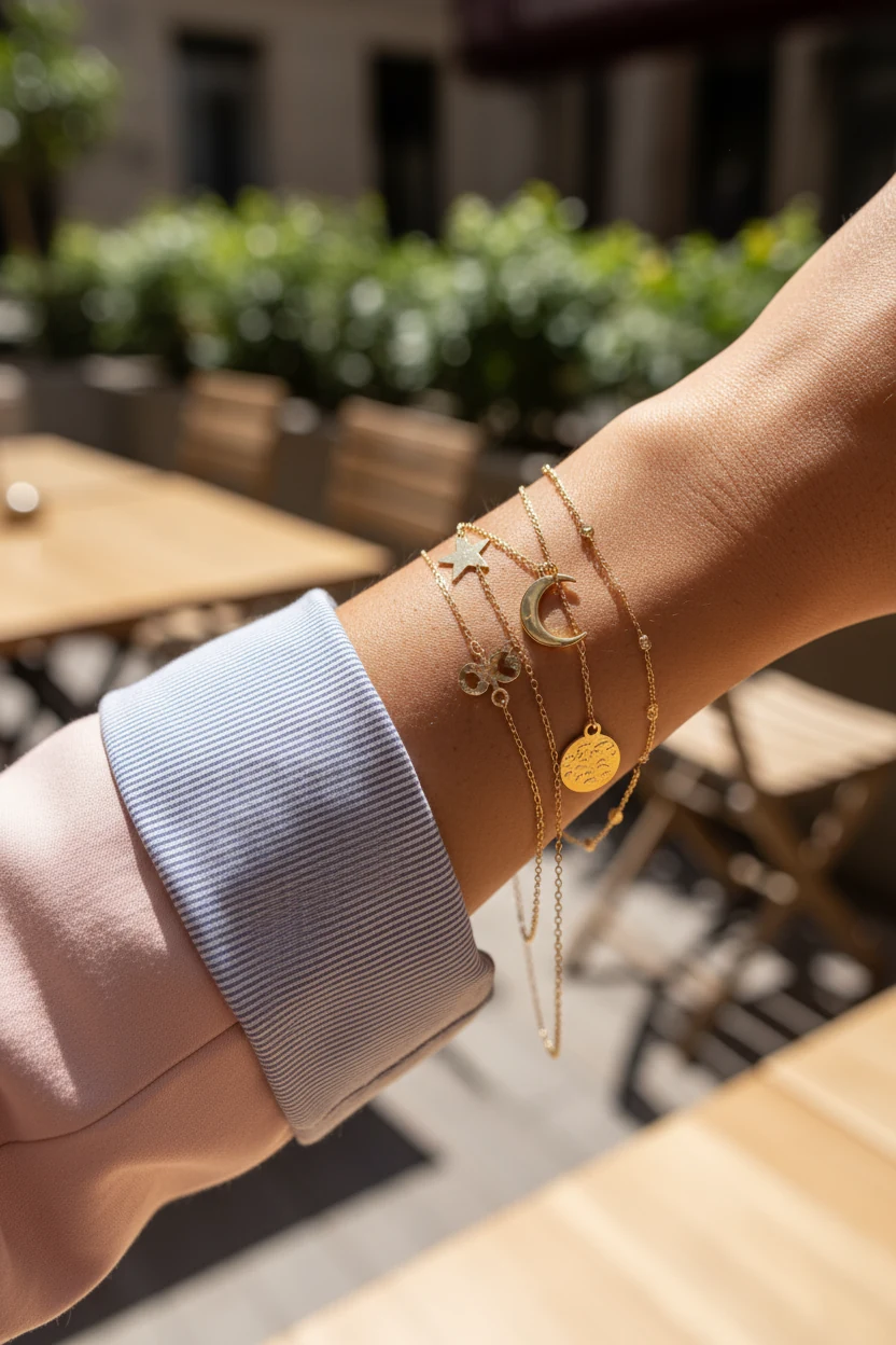 closeup rolled pink blazer sleeve, striped cuff, gold necklaces