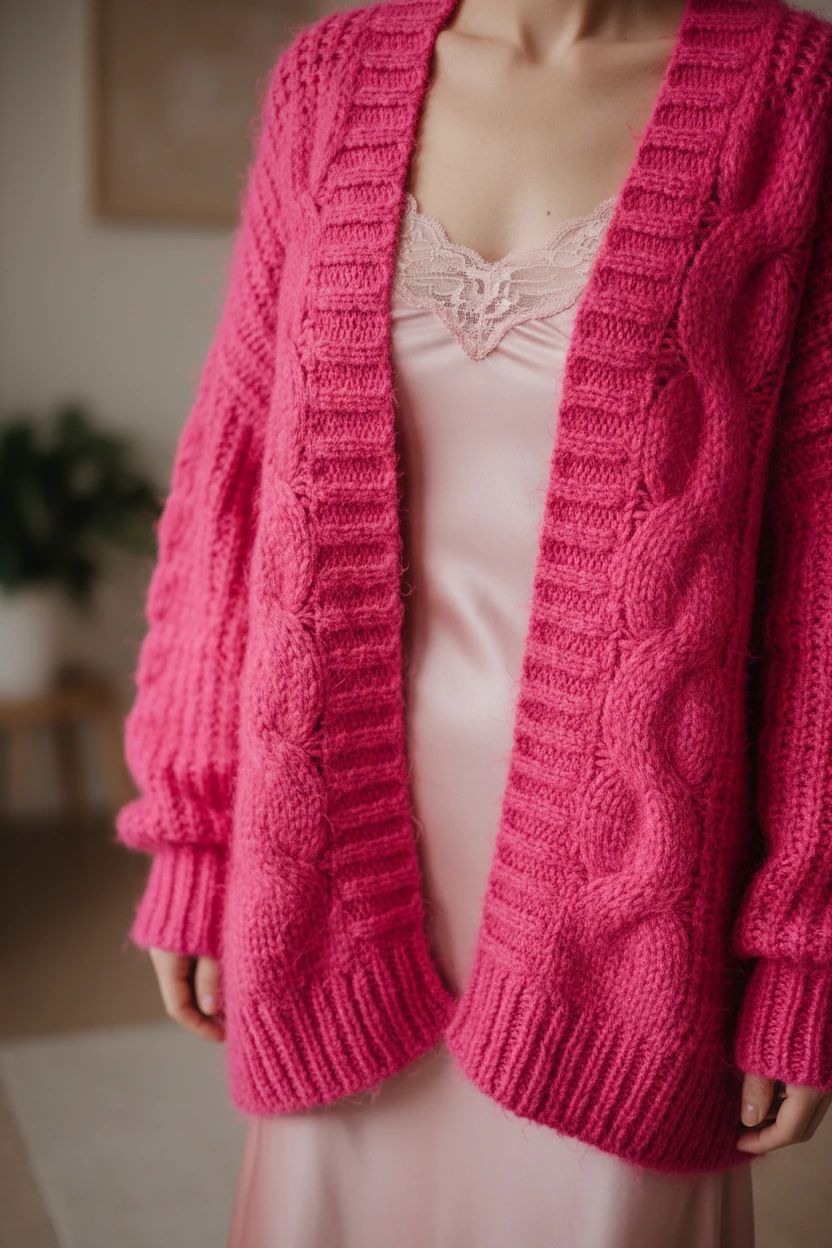 closeup chunky hot pink sweater over satin slip