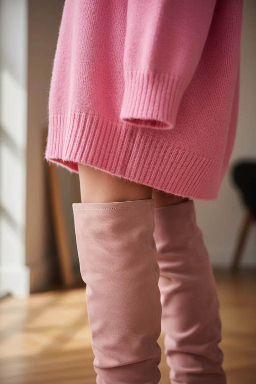 closeup of blush suede knee-high boots, oversized pink sweater hem