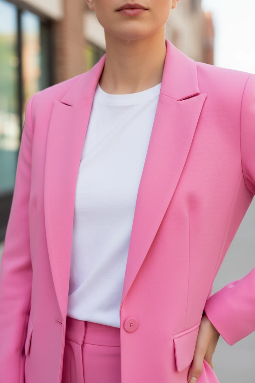 closeup bubblegum pink blazer over white tee, female torso