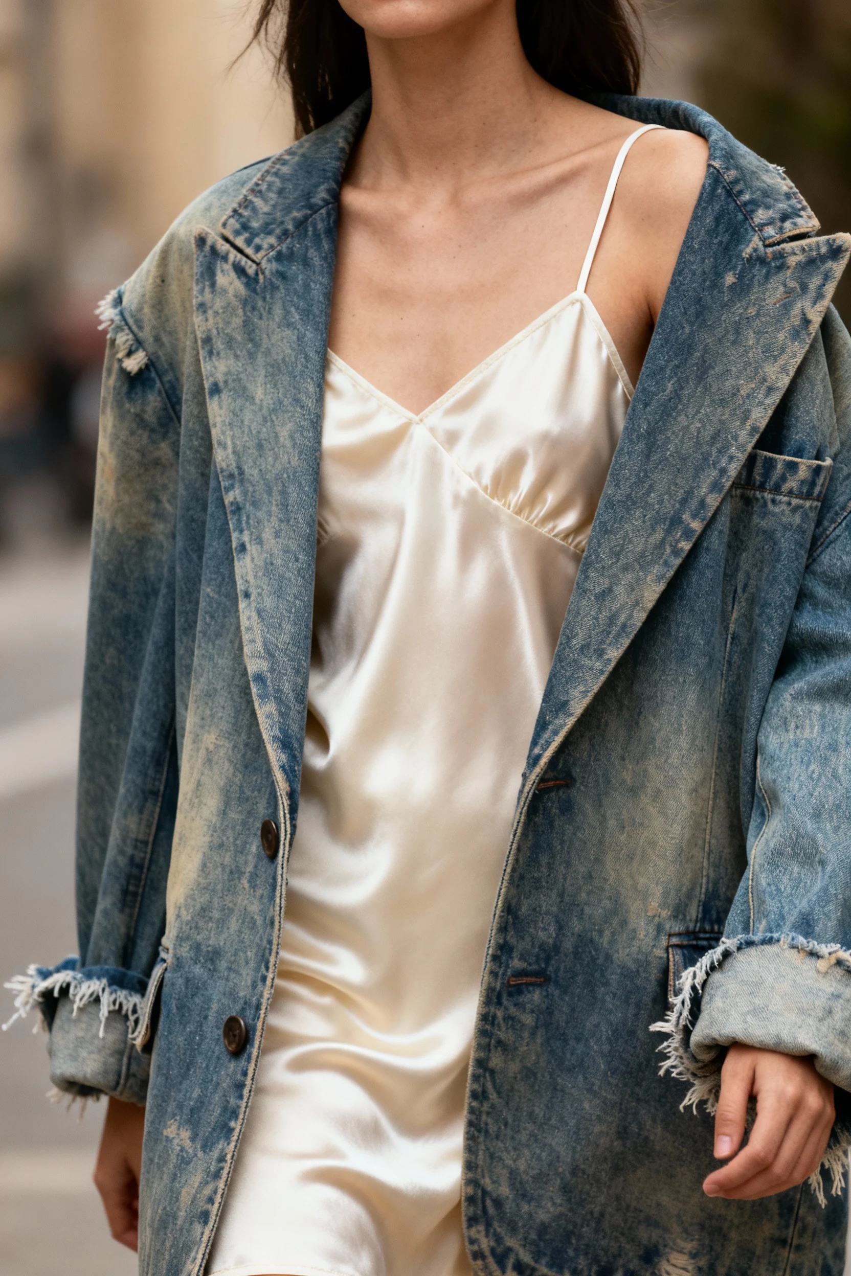 closeup female satin slip under oversized thrifted blazer