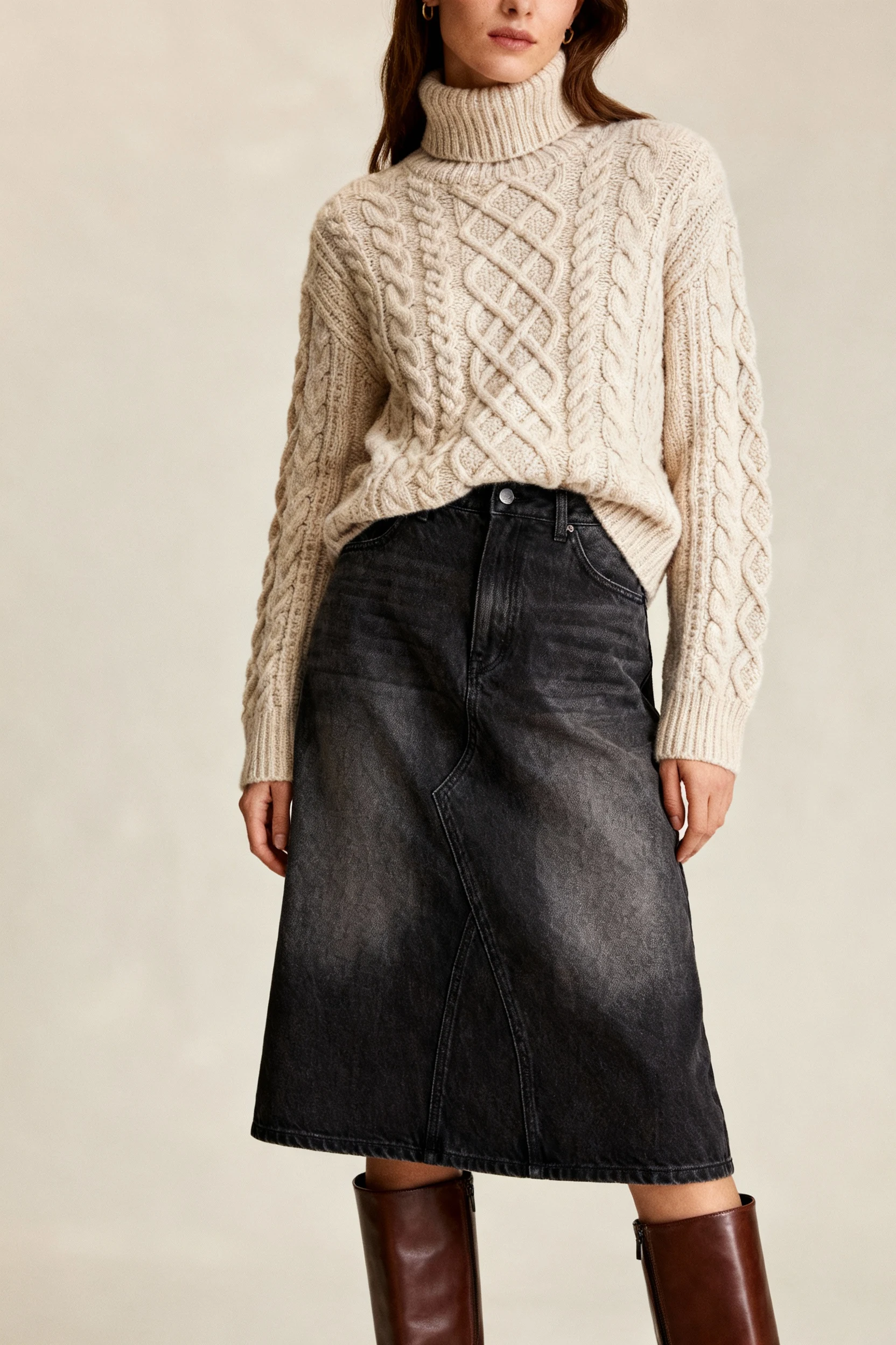 closeup female cable turtleneck, midi dark-wash denim skirt, knee-high boots