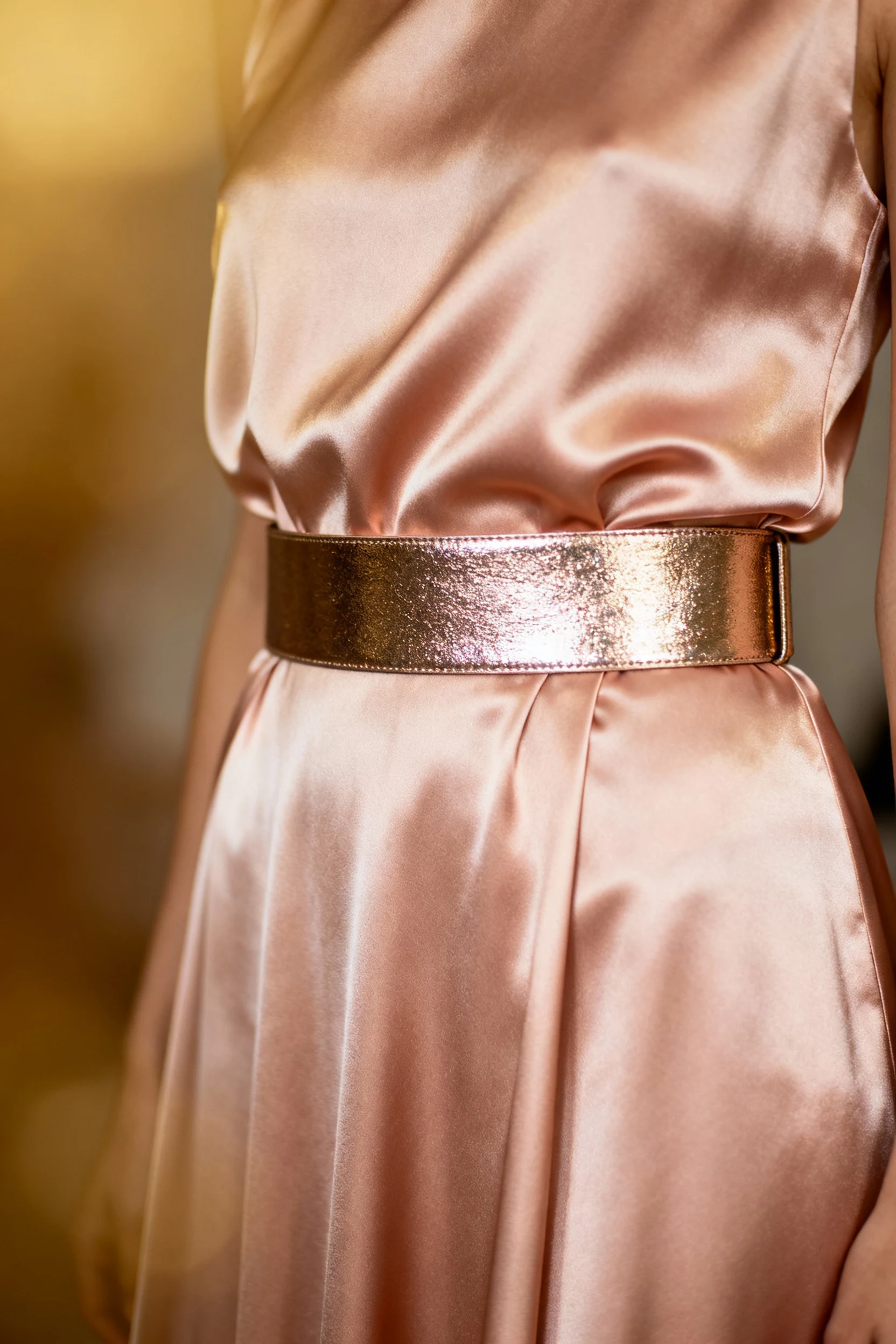 closeup female waist, blush satin maxi, metallic belt