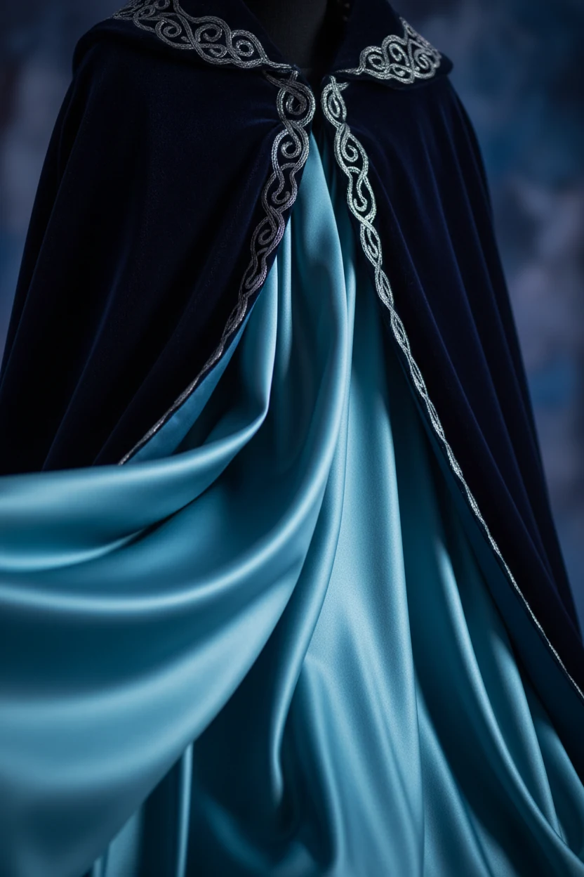 closeup midnight navy velvet cloak over ice-blue silk
