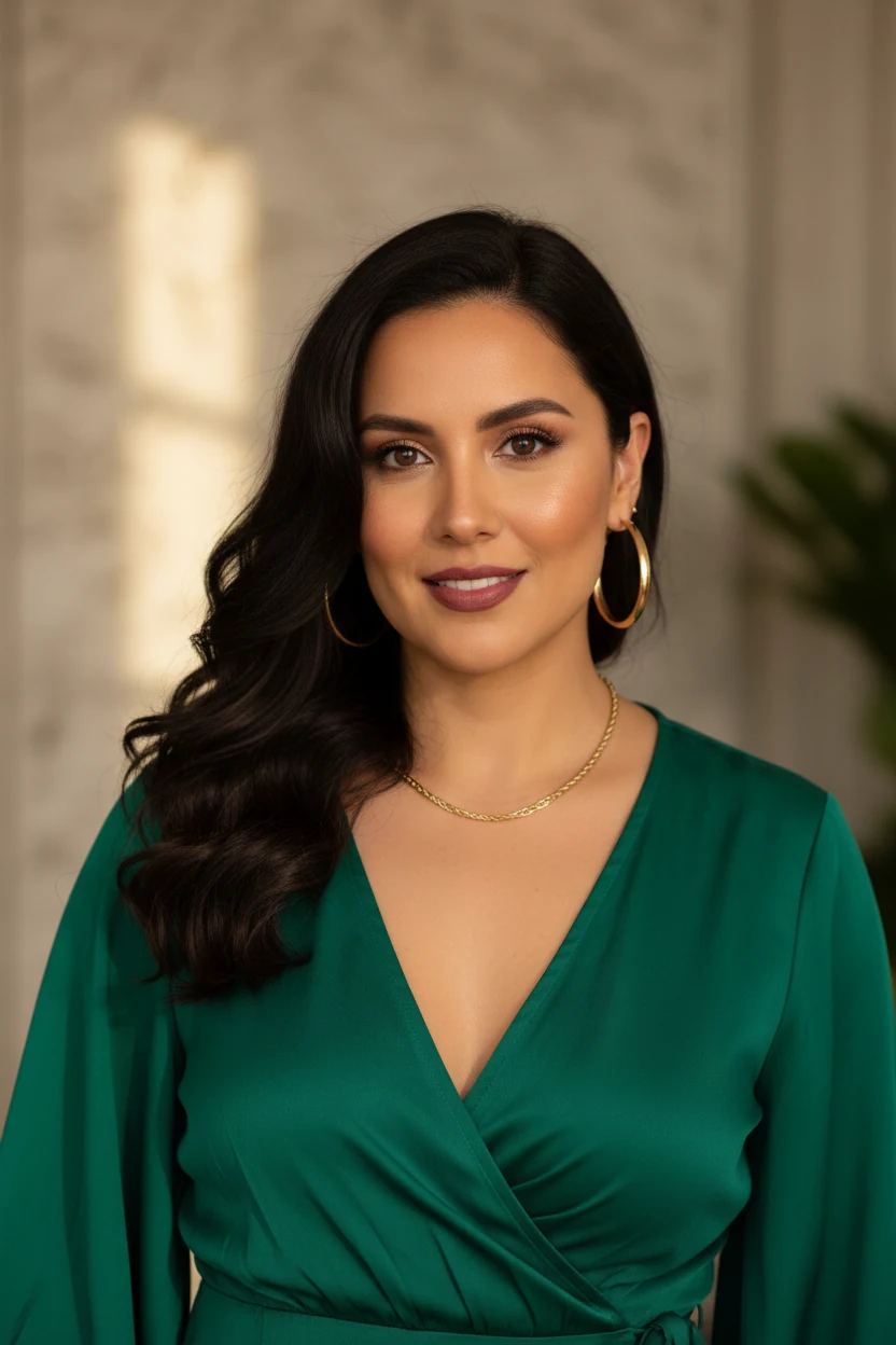 Closeup Latina female in emerald wrap dress, gold hoops