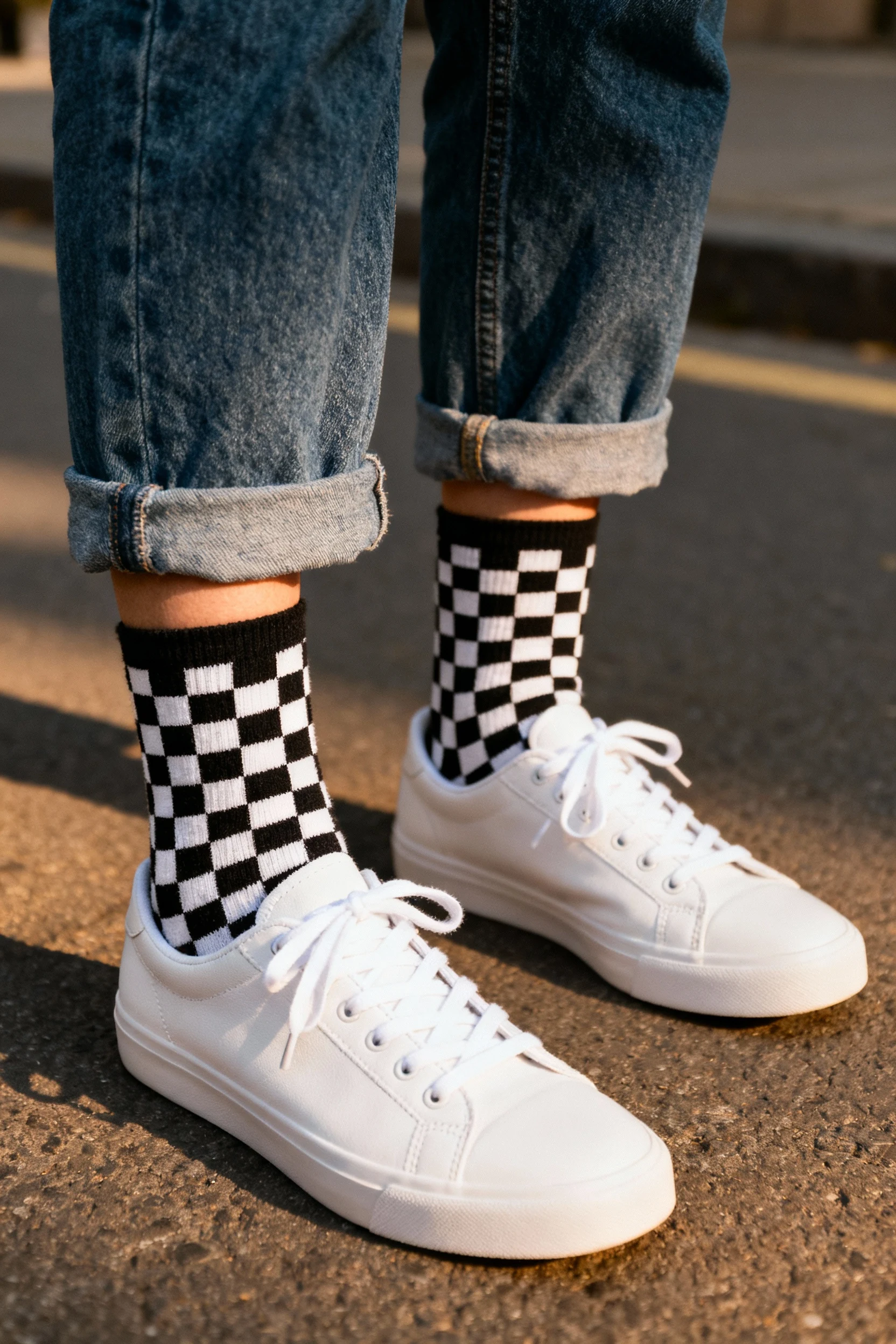 closeup female ankles, checkerboard socks, white sneakers, cuffed jeans