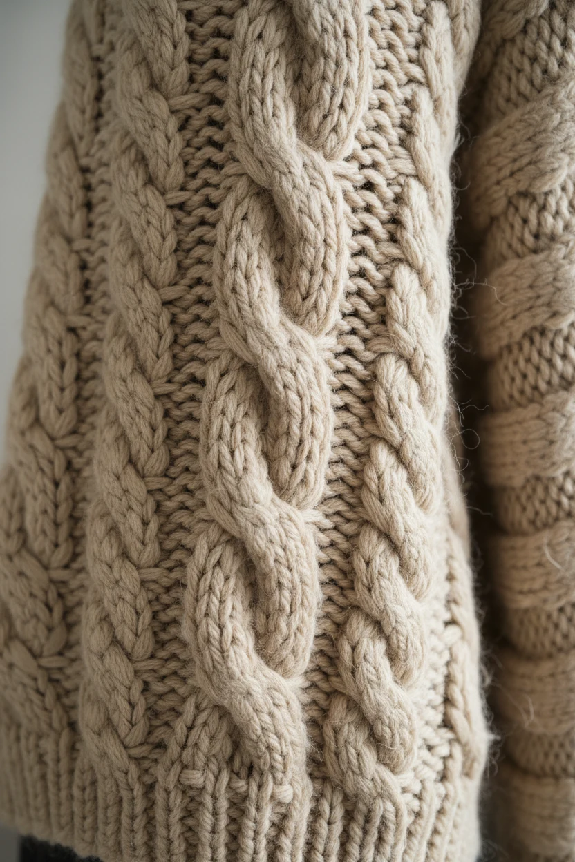Closeup of chunky beige oversized knit sweater texture