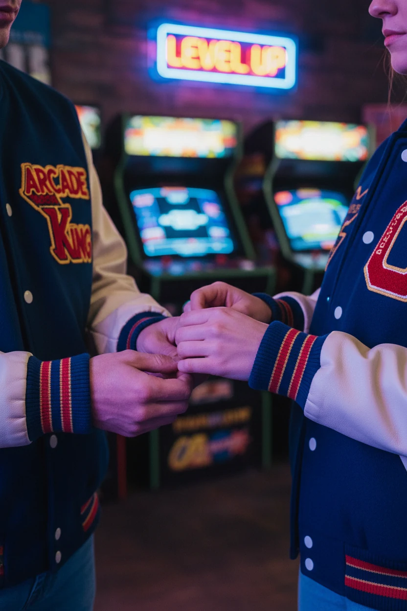 closeup of male and female hands adjusting retro varsity jacket sleeves under neon arcade lights