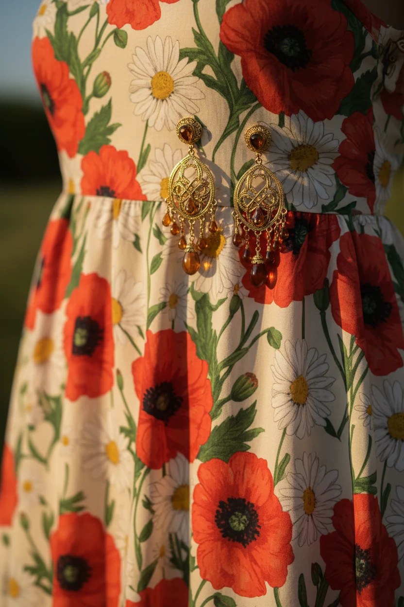 closeup of gold statement earrings hanging against floral maxi dress fabric