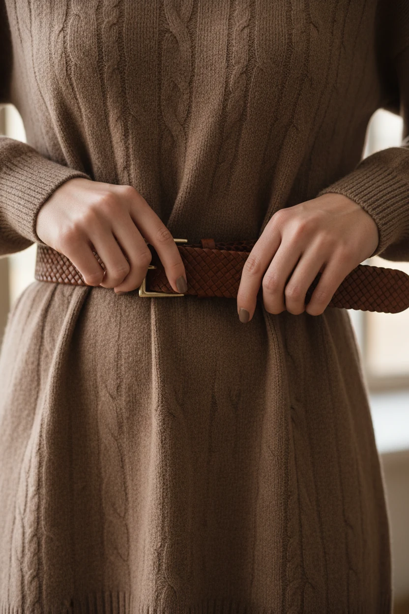 closeup of female hands adjusting leather belt on mocha sweater dress