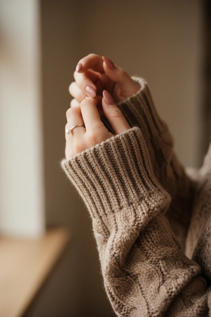 closeup of female hands adjusting chunky taupe knit sweater sleeve