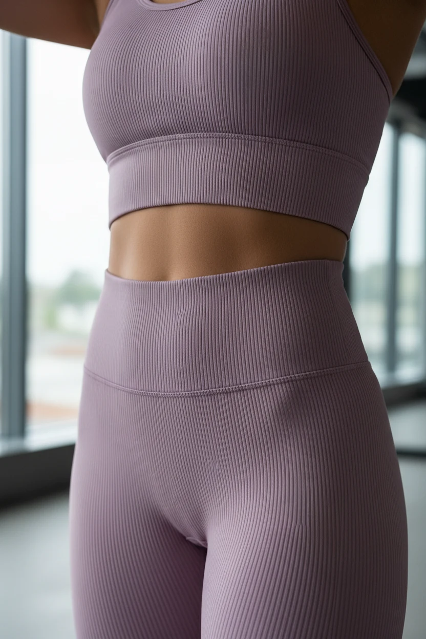 closeup of ribbed lilac sports bra and matching leggings