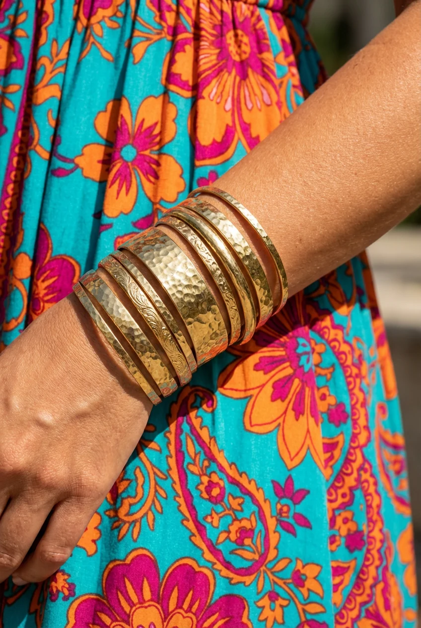 closeup of gold bangles stacked on female wrist beside bold-print maxi dress fabric