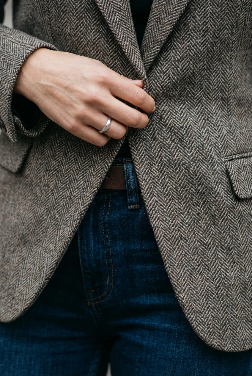 closeup of female hand adjusting textured herringbone blazer over dark wash jeans