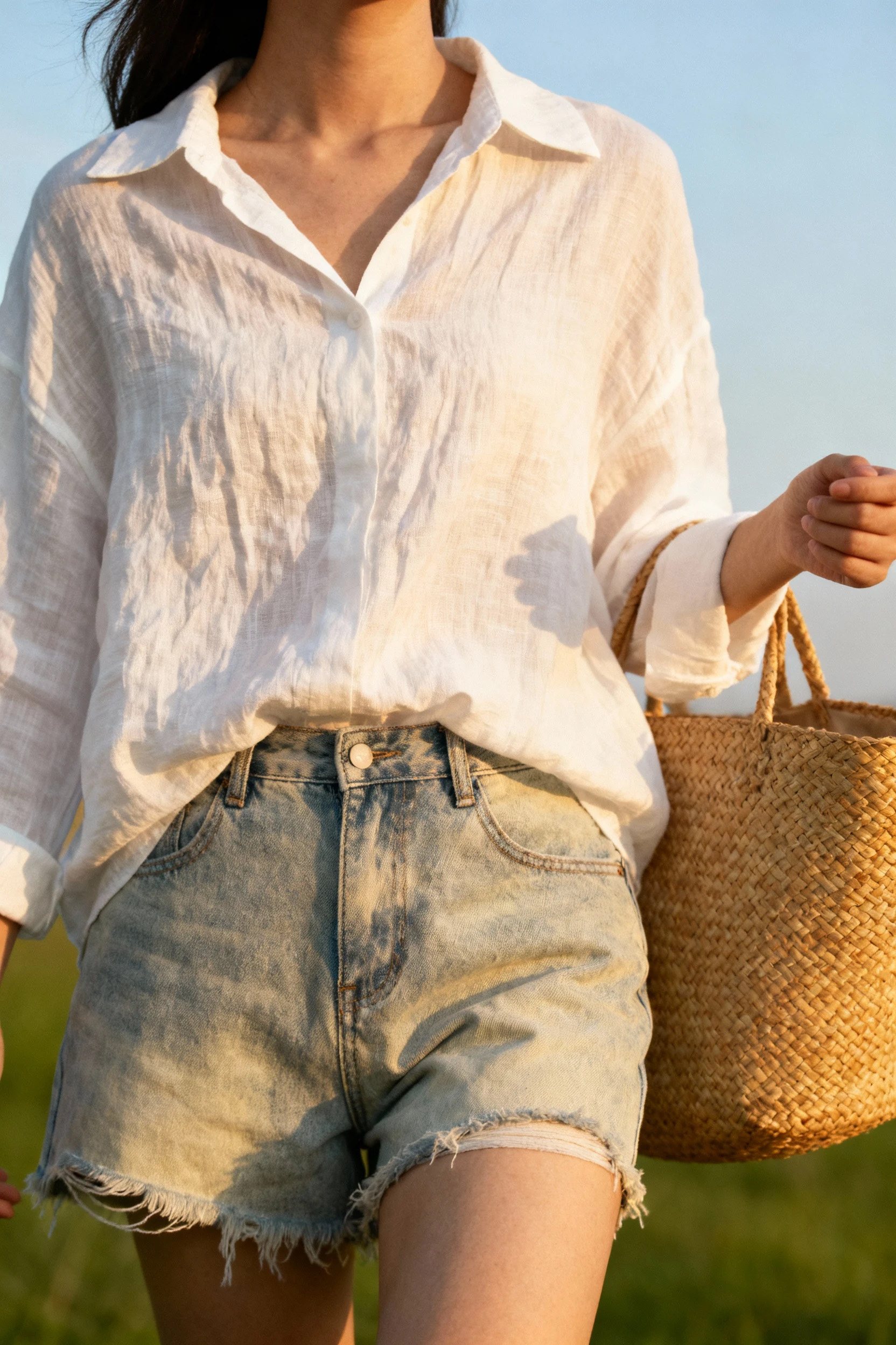 closeup female in white linen shirt, light-wash cutoffs, straw tote