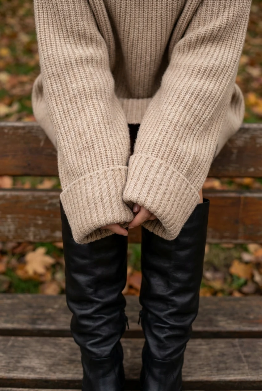 closeup of beige oversized knit sweater sleeves with black leather knee-high boots