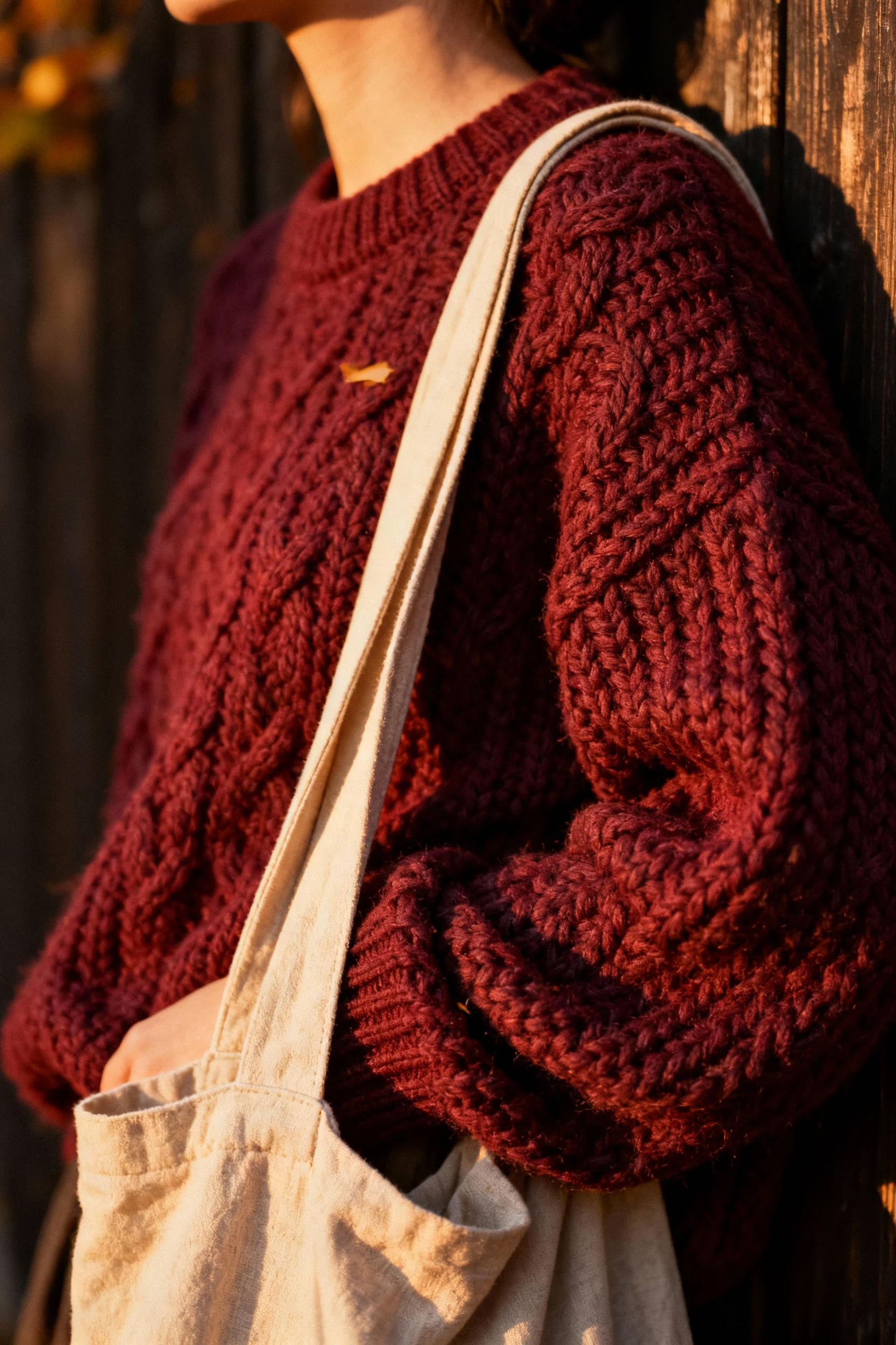 closeup of chunky maroon knit sweater with slouchy tote strap