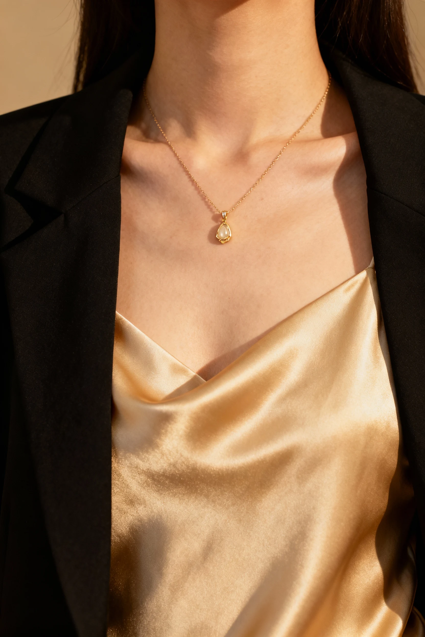 closeup female neckline champagne satin slip, black blazer, pendant