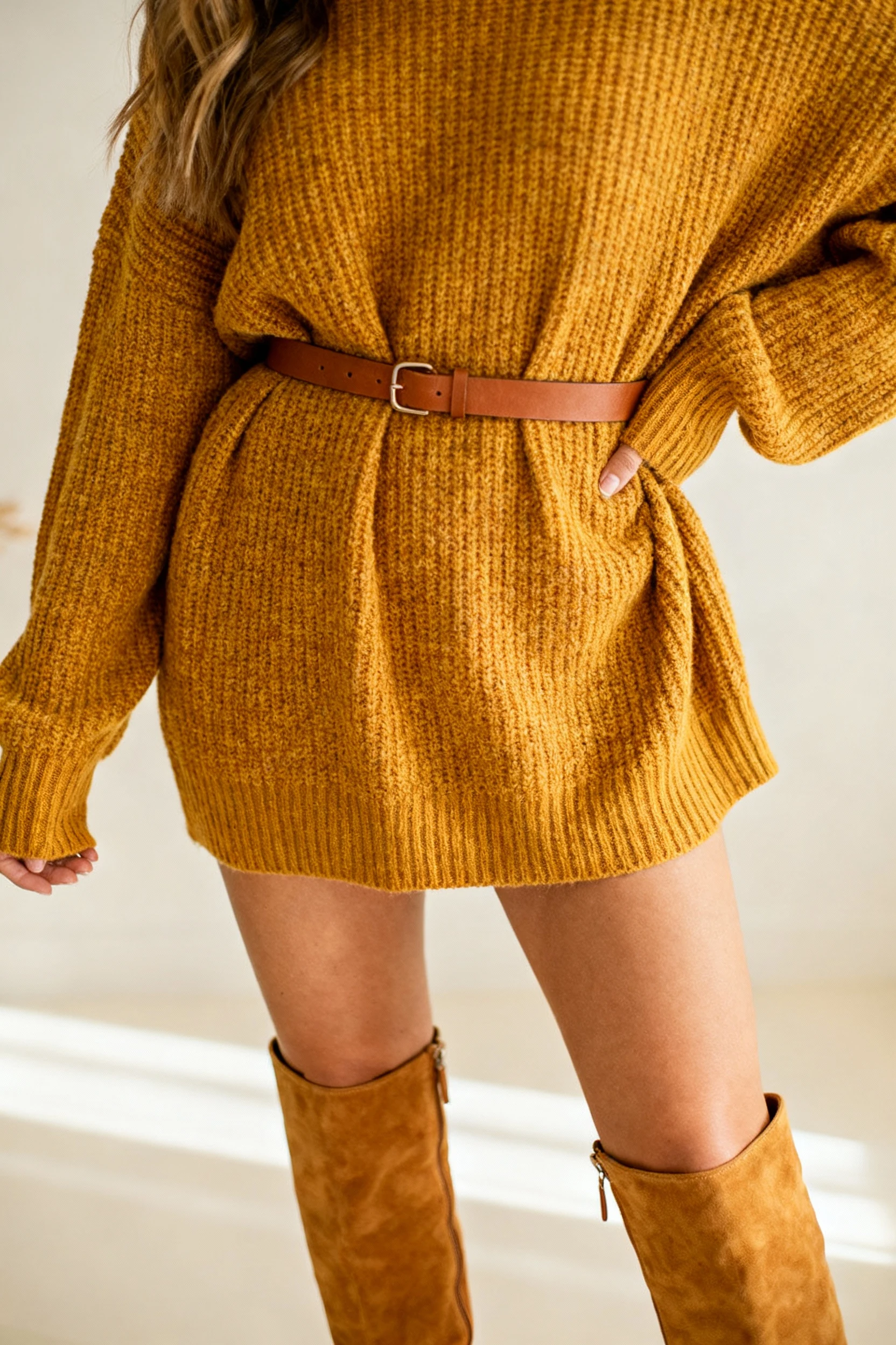 female closeup mustard knit sweater, thin belt, knee-high suede boots