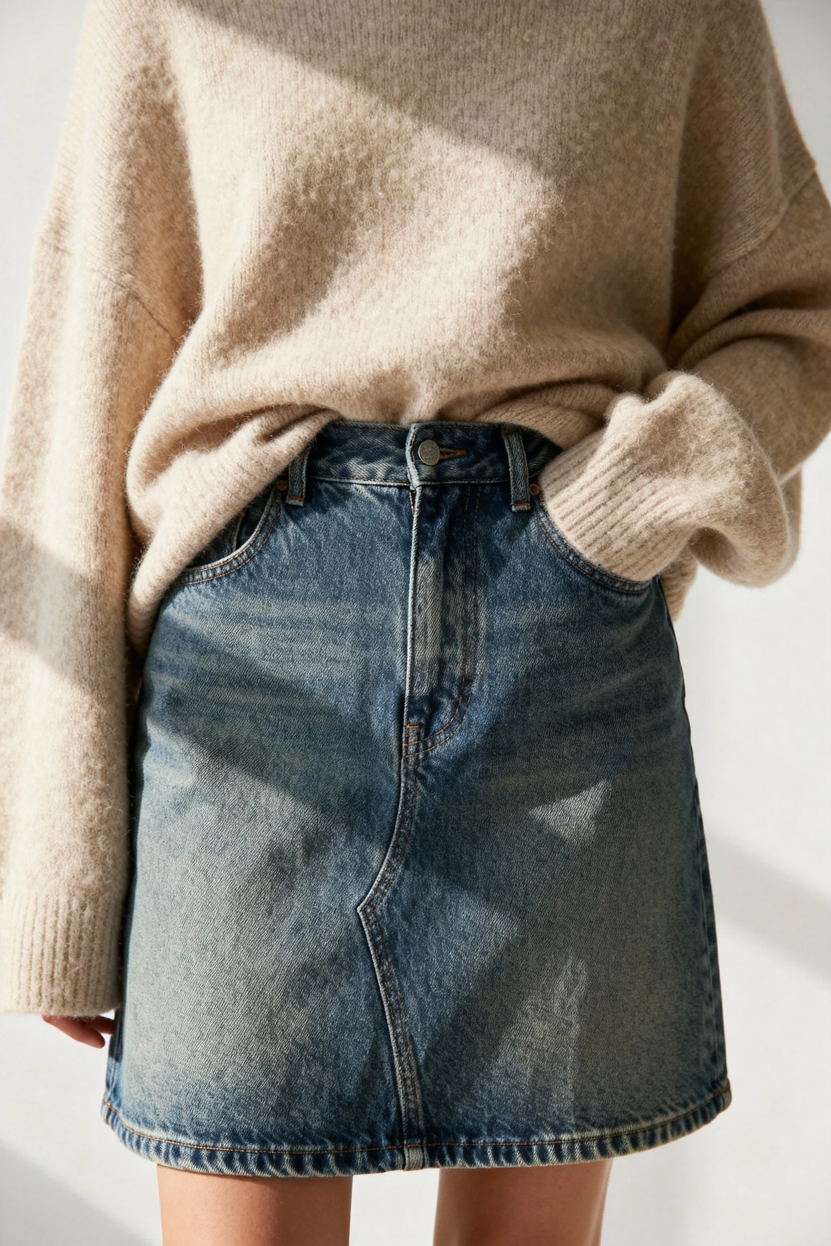 closeup of medium-wash denim skirt front tuck into oversized beige knit sweater