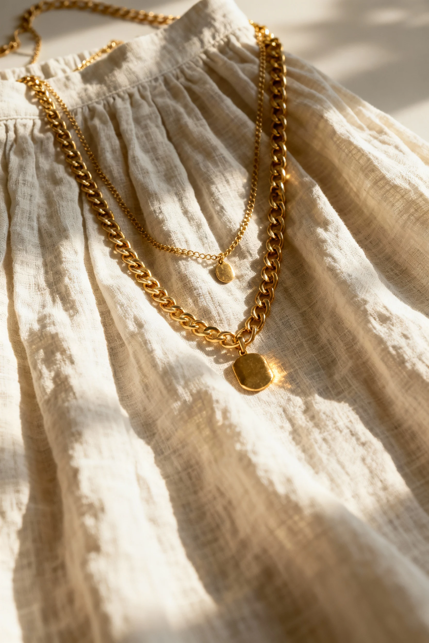 closeup of layered gold necklaces on linen midi dress