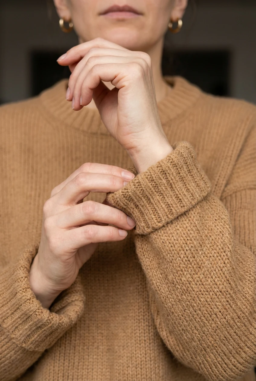 closeup female hands pushing camel chunky sweater sleeves, gold hoops