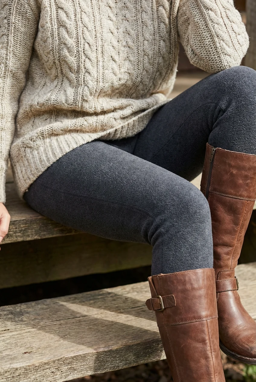 closeup half-tucked oatmeal cable-knit sweater, fleece-lined tights, knee-high boots