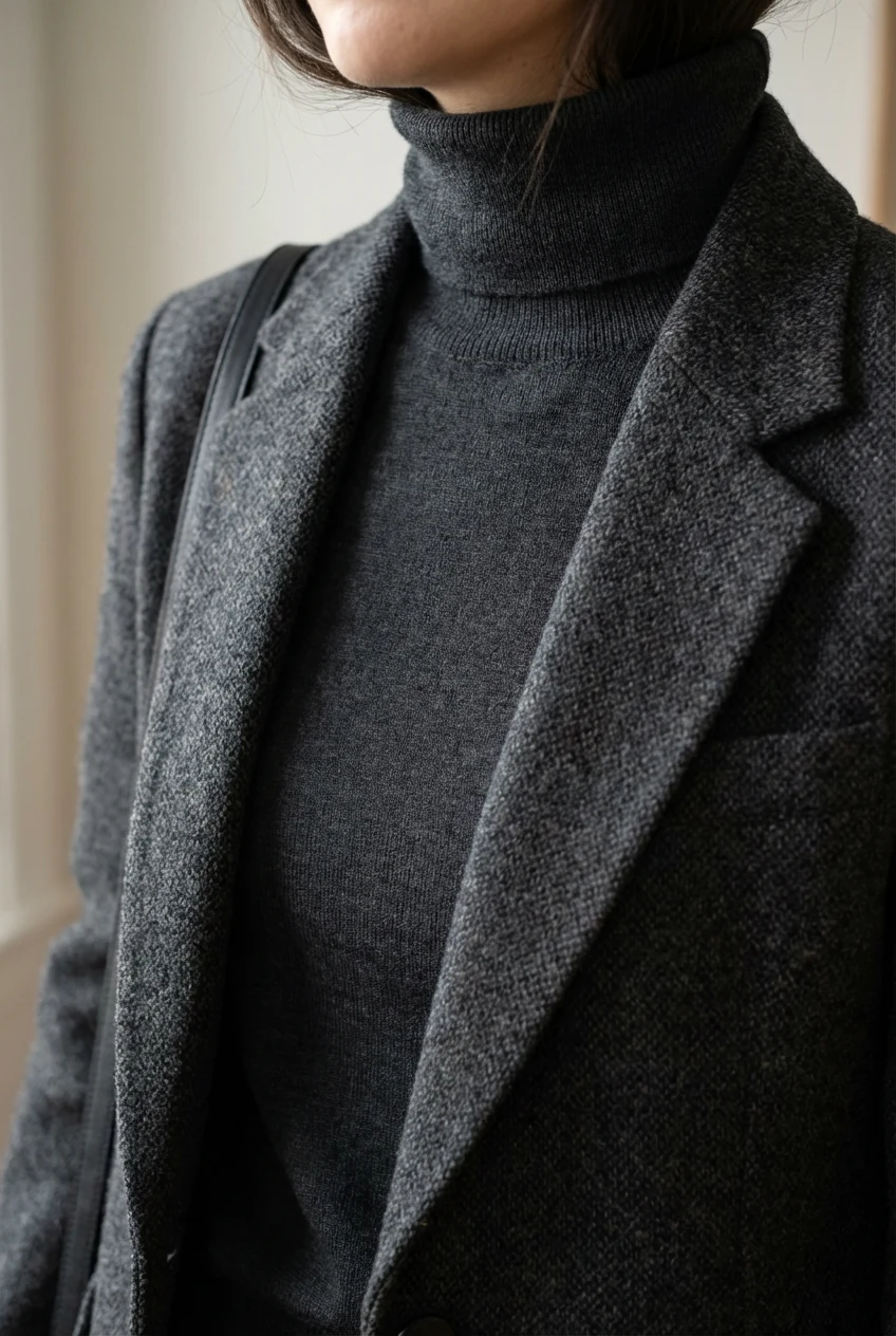 closeup female charcoal wool blazer over slim merino turtleneck