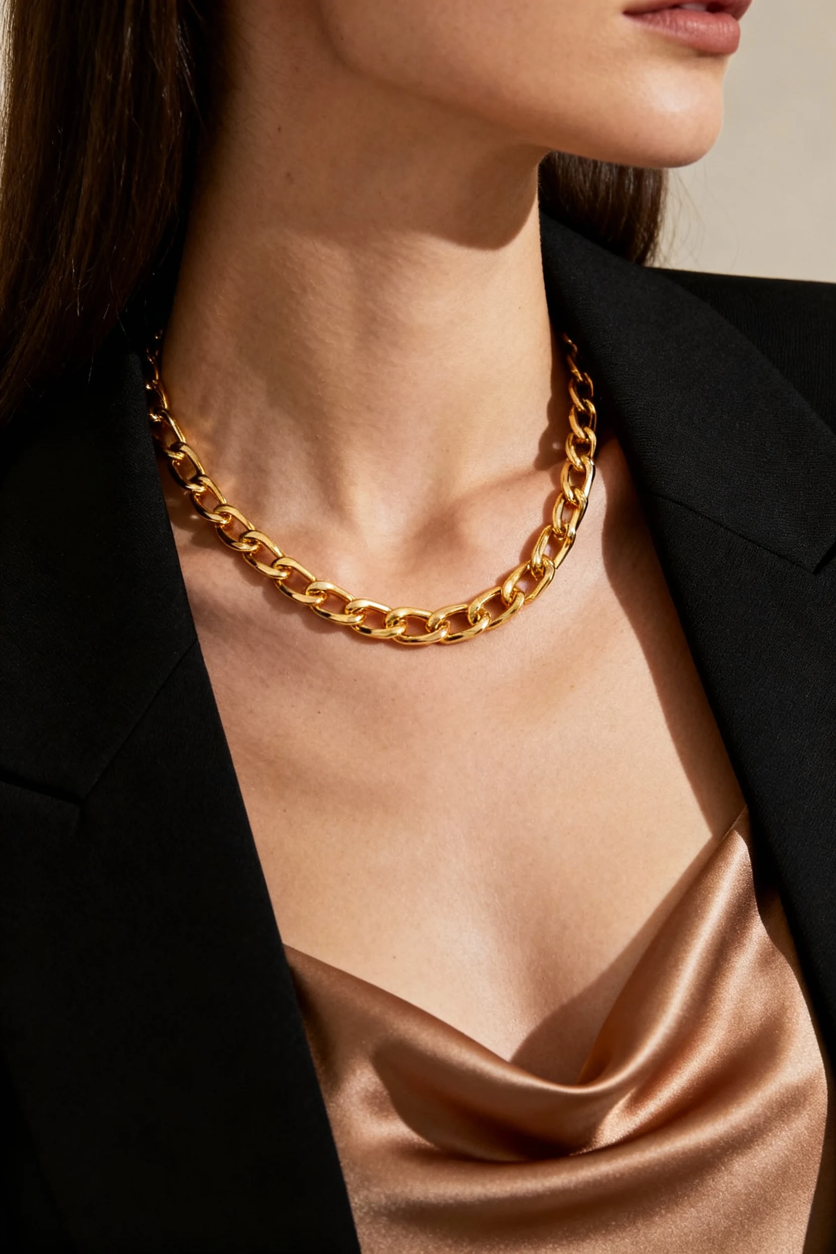 closeup satin slip under sharp blazer, female collarbone, gold necklace