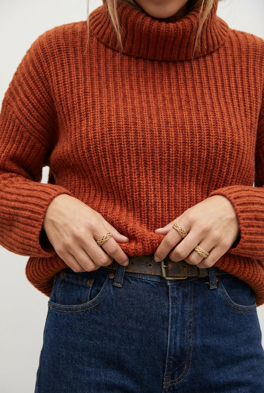 closeup female hands tucking orange turtleneck into dark-wash jeans