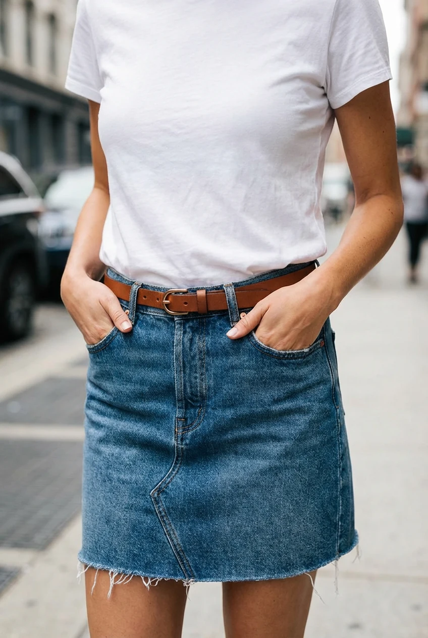 closeup female waist, tucked white tee, slim belt, denim mini
