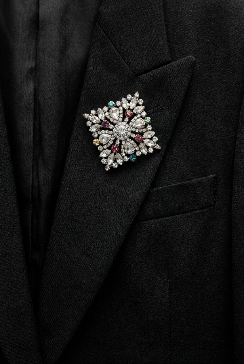 closeup sparkly brooch on black oversized tuxedo blazer