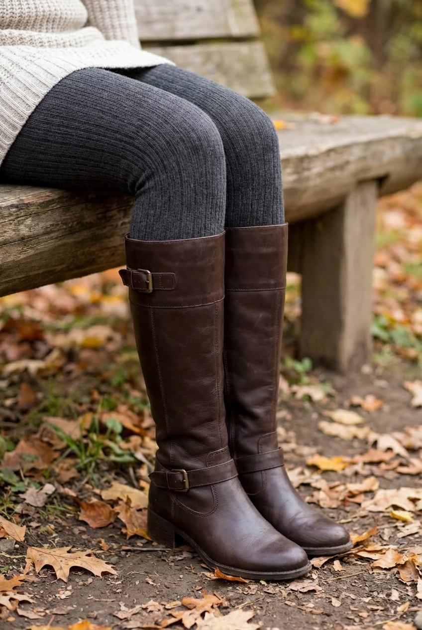 closeup female legs, knee-high leather boots, thermal tights