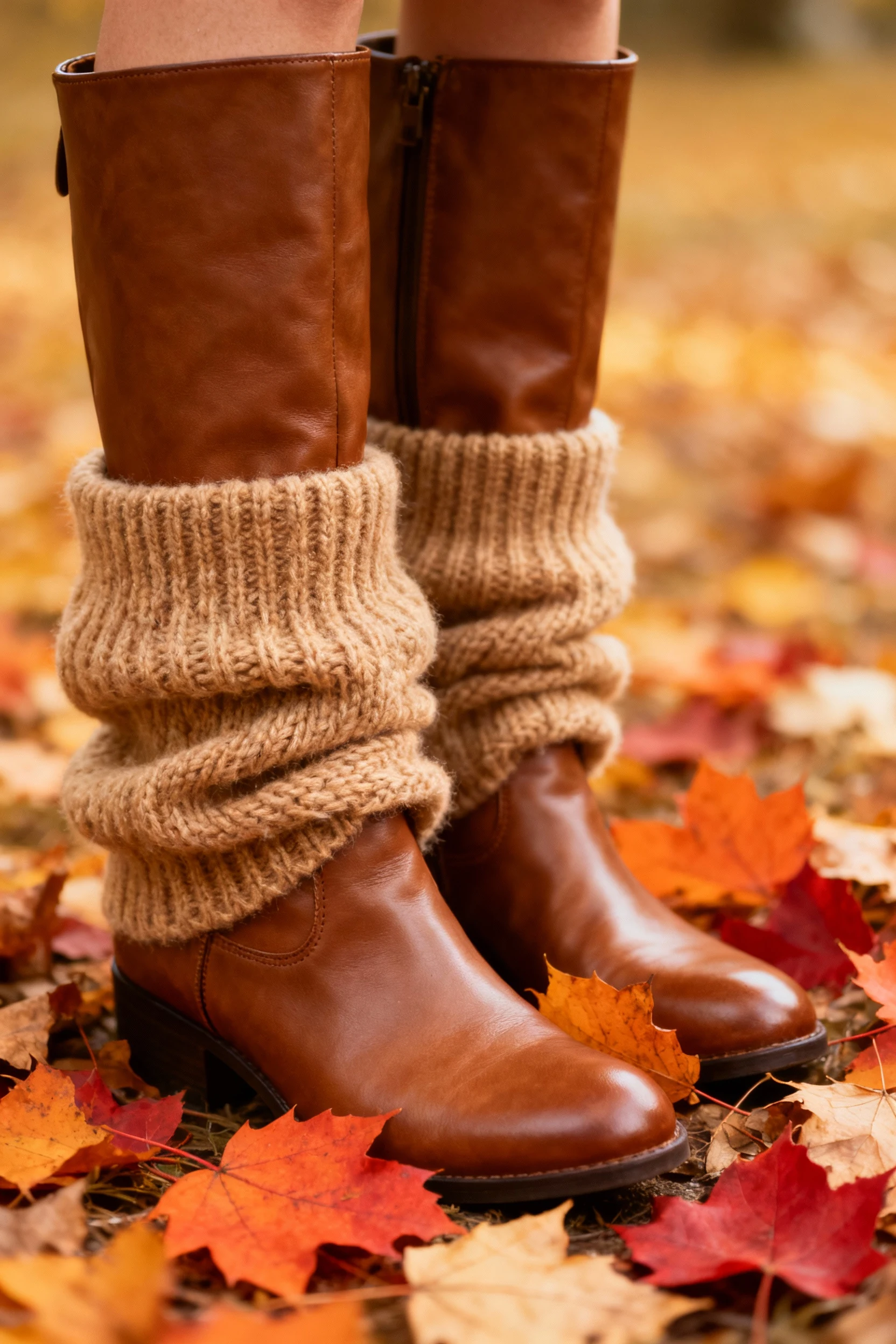 closeup brown knee-high leather boots, oversized knit hem, leaves