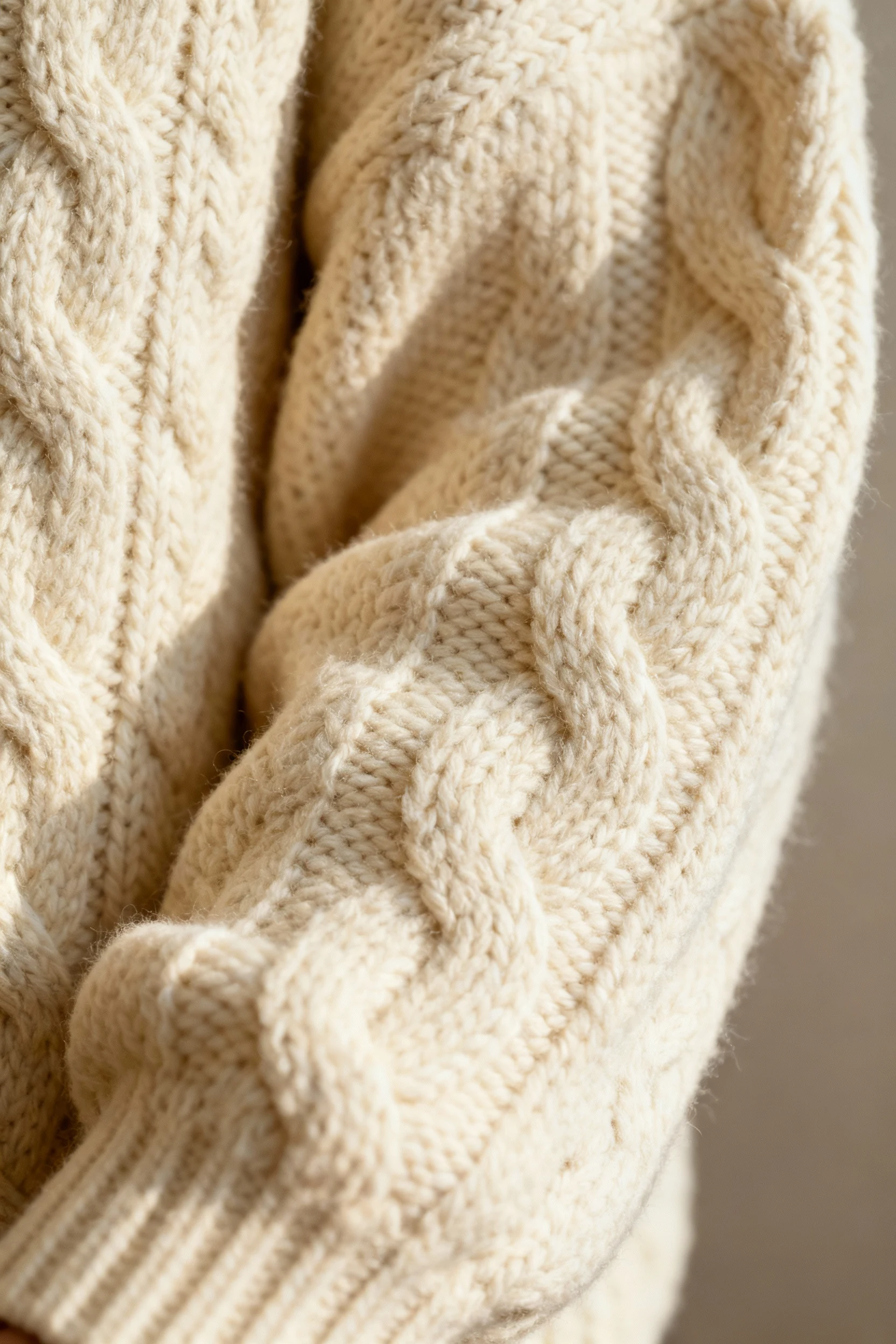 closeup of oversized cream cable knit sweater sleeve with textured fabric detail
