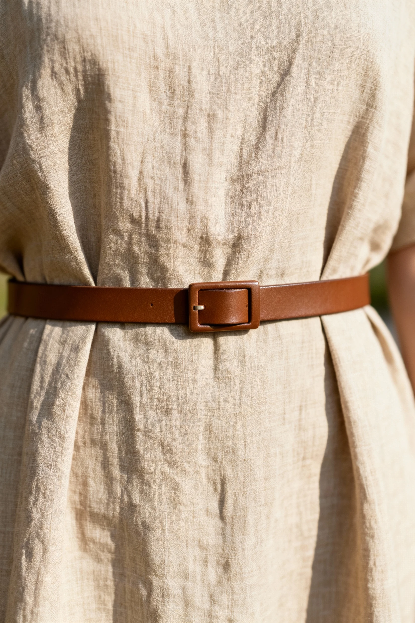 closeup of beige linen midi dress waist with slim brown leather belt