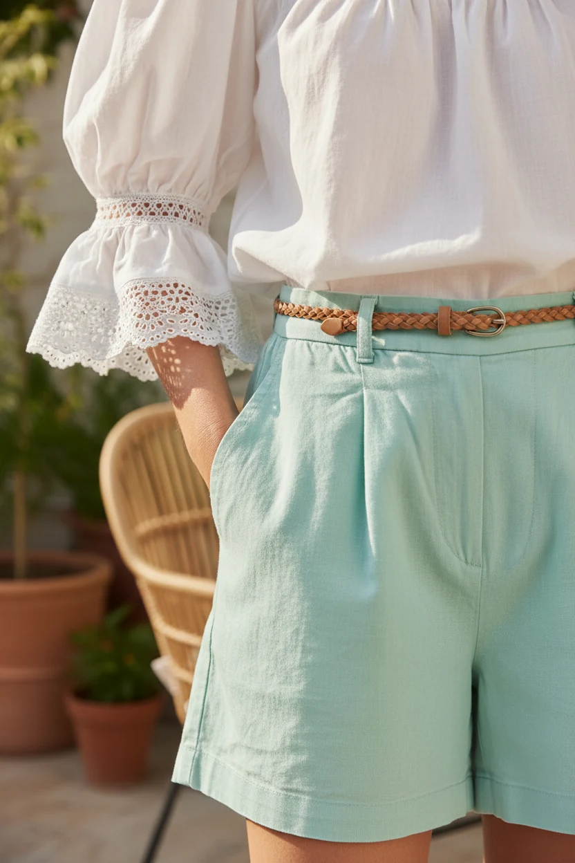closeup of white puff-sleeve blouse with lace trim tucked into pastel cotton shorts