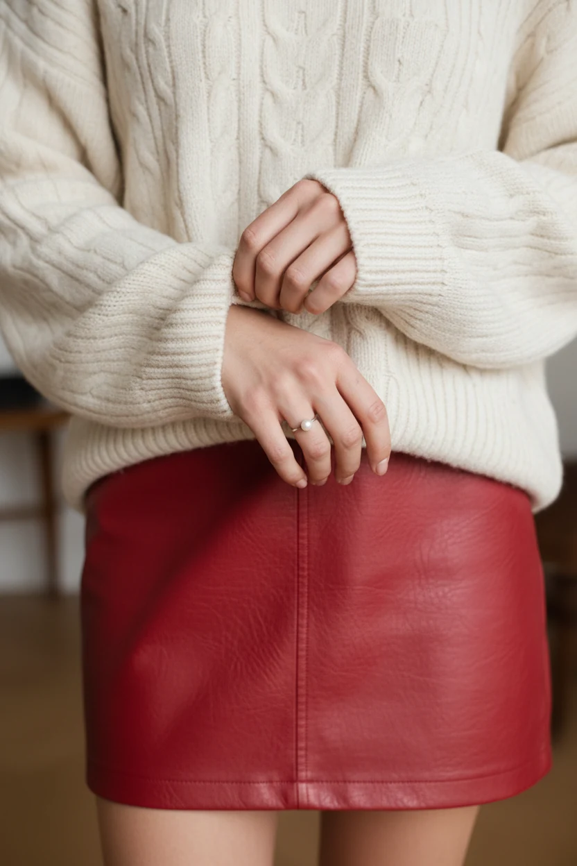 closeup of female hands adjusting oversized cream knit sweater sleeve over red leather skirt