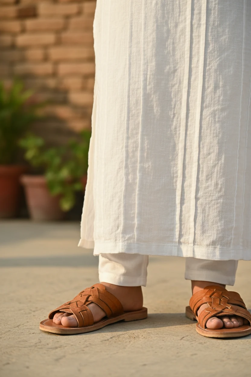closeup of white cotton kurta with tan leather sandals