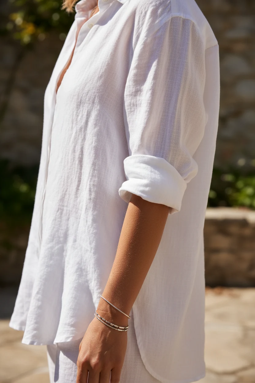 closeup of crisp white oversized linen shirt sleeves rolled up on female arm in sunlight