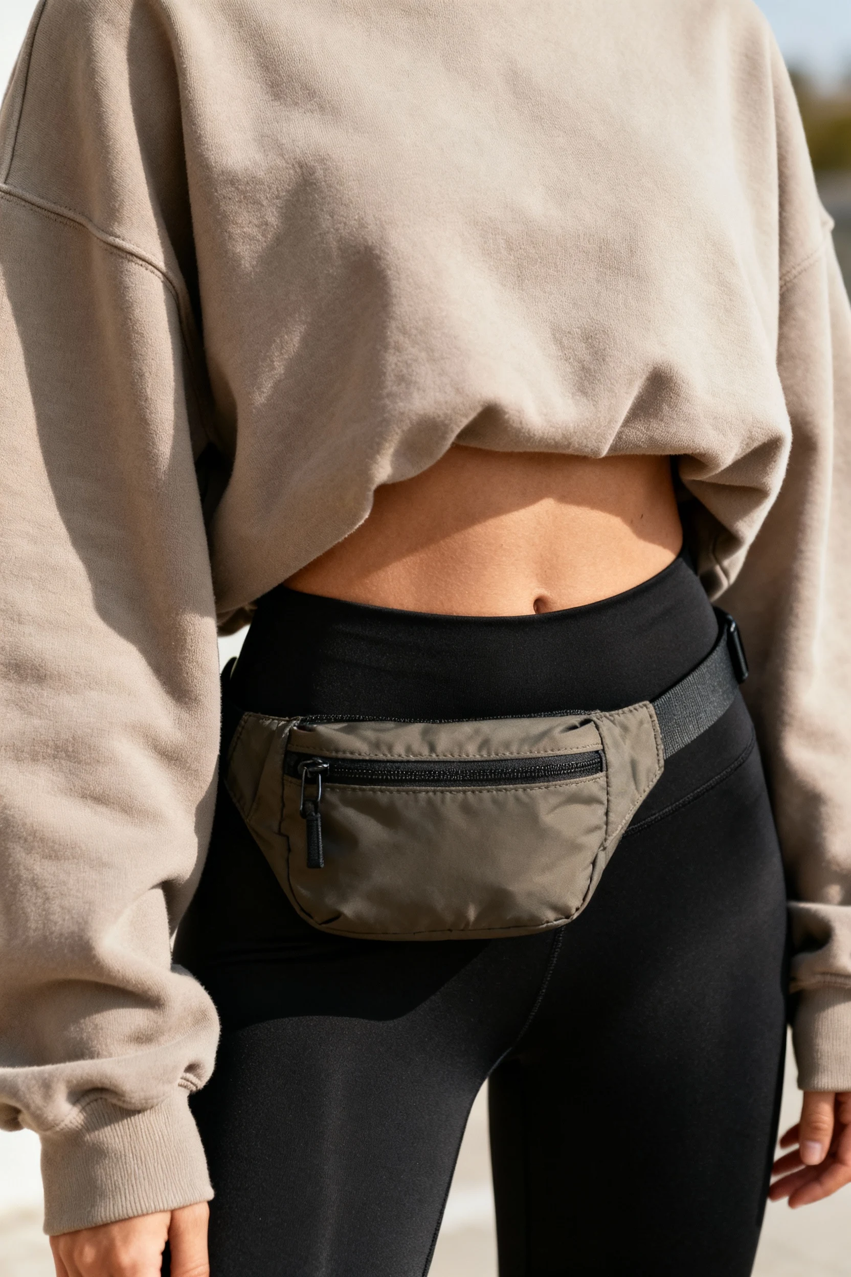 closeup female torso, oversized neutral hoodie, matte leggings, belt bag