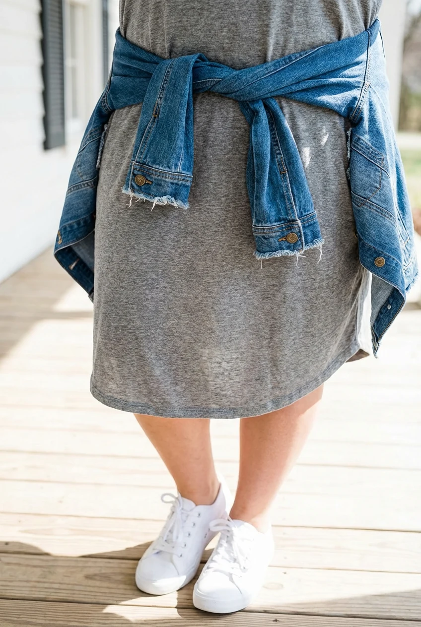 closeup soft t-shirt dress with bright white sneakers, denim jacket